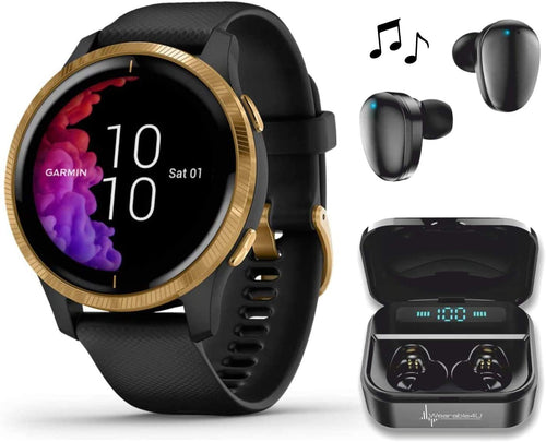 Garmin Venu GPS Smartwatch with AMOLED Display and Wearable4U Ultimate Black EarBuds with Charging Power Bank Case Bundle (Black/Gold)