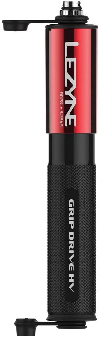 LEZYNE Grip Drive HV Small Bicycle Hand Pump, High Volume 90 PSI, ABS Flex Hose, Compact, Portable, High Performance Bike Tire Air Pump, Red