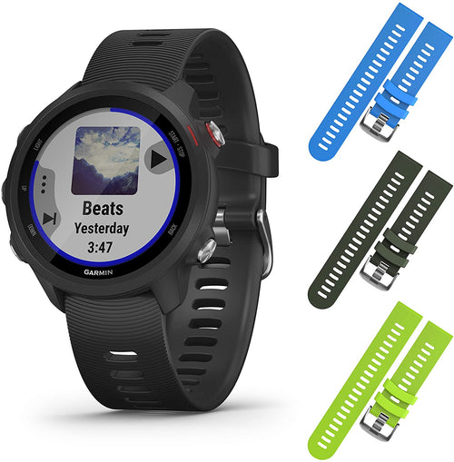 Garmin Forerunner 245 GPS Running Smartwatch with Included Wearable4U 3 Straps Bundle (Black Music 010-02120-20, Blue/Khaki/Lime)