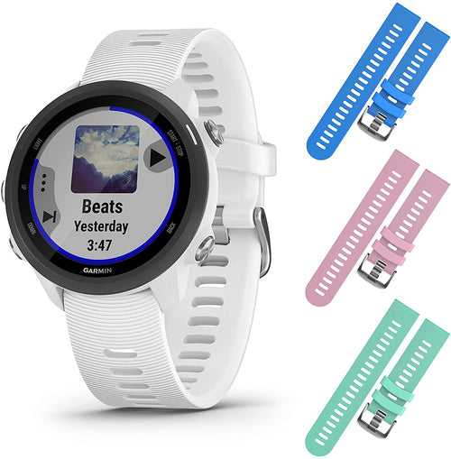 Garmin Forerunner 245 GPS Running Smartwatch with Included Wearable4U 3 Straps Bundle (White Music 010-02120-21, Blue/Pink/Teal)