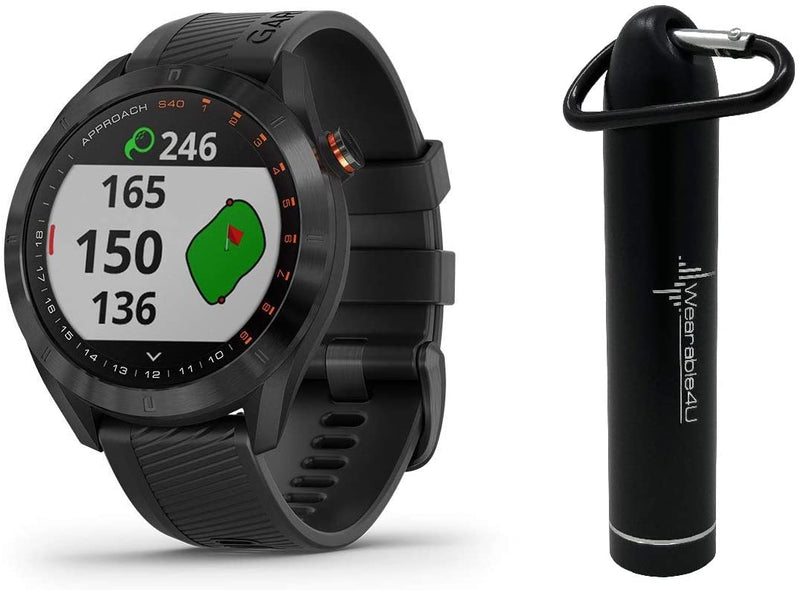 Garmin Approach S40 GPS Golf Smartwatch with Included Wearable4U Powerbank 2000 mAh Bundle (Black Stainless Steel with Black Band)