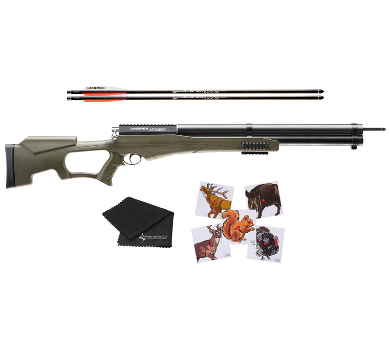 Umarex AirSaber PCP Powered Arrow Gun Air Rifle with 3 Carbon Fiber Arrows, Air Gun with included Wearable4U 100x Paper Targets and Cleaning Cloth or with Extra 6 Carbon Fiber Arrows Bundle (MAY VARY)