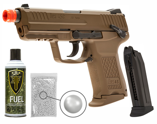 Umarex Elite Force H&K 45CT GBB(VFC) Airsoft Pistol Green Gas BB Air Soft Gun with Elite Force Airsoft Green Gas Can and Extra Mag and Wearable4U Pack of 1000 6mm 0.20g BBs Bundle (FDE)