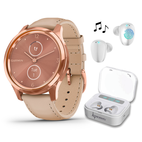 Garmin Vivomove 3 Luxe, Hybrid Smartwatch with White Earbuds Bundle (Rose Gold/Light Sand, Leather)