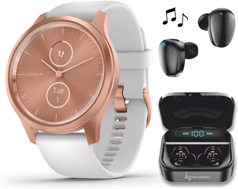 Garmin Vivomove 3 Style, Hybrid Smartwatch with Included Wearable4U Ultimate Black Earbuds with Charging PowerBank Case Bundle (Rose Gold/White)