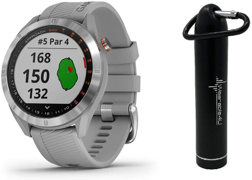 Garmin Approach S40 GPS Golf Smartwatch with Included Wearable4U Powerbank 2000 mAh Bundle (Stainless Steel with Powder Gray Band)