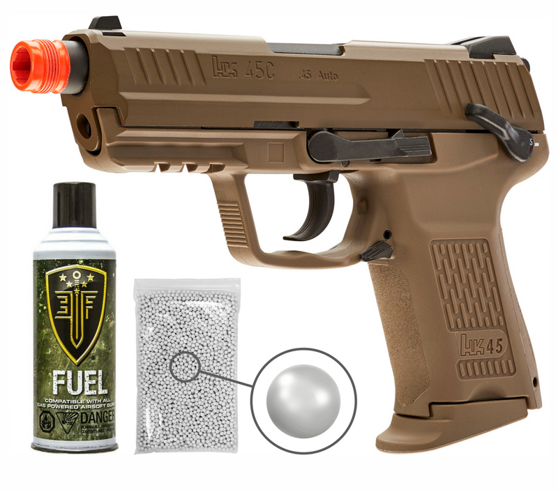 Umarex Elite Force H&K 45CT GBB(VFC) Airsoft Pistol Green Gas BB Air Soft Gun with Elite Force Airsoft Green Gas Can and Wearable4U Pack of 1000 6mm 0.20g BBs Bundle (FDE)