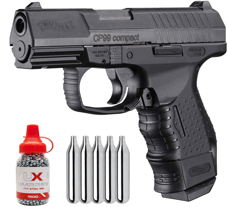 Umarex Walther CP99 Compact BB Blowback CO2 Air Pistol with CO2 12 Gram (5 Pack) and Pack of 1500 BBs Bundle
