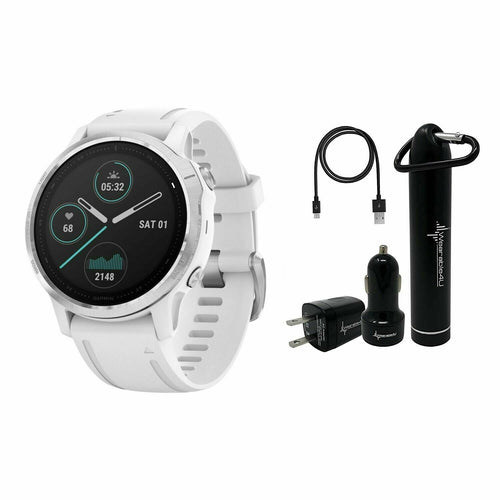 Garmin Fenix 6S Smaller-Sized Multisport GPS Watch with Wrist-Based Heart Rate Pulse Ox and Ultimate Power Bundle (Standard/White with White Band)
