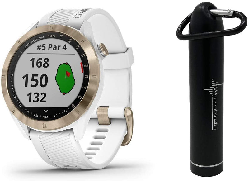 Garmin Approach S40 GPS Golf Smartwatch with Included Wearable4U Powerbank 2000 mAh Bundle (Light Gold with White Band)