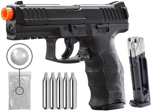 Umarex H&K VP9 CO2 Blowback Black BB Airsoft Pistol with Extra 14rd Mag and Pack of 5x12 CO2 Tanks and Wearable4U Pack of 1000ct BBs Bundle