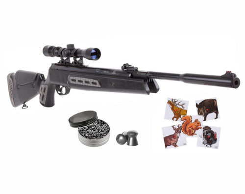 Hatsan Mod 125 Sniper Vortex Quiet Energy Break Barrel .22 Cal Air Rifle with Pack of 250ct Pellets and 100x Paper Targets Bundle (Black Syn Stock)