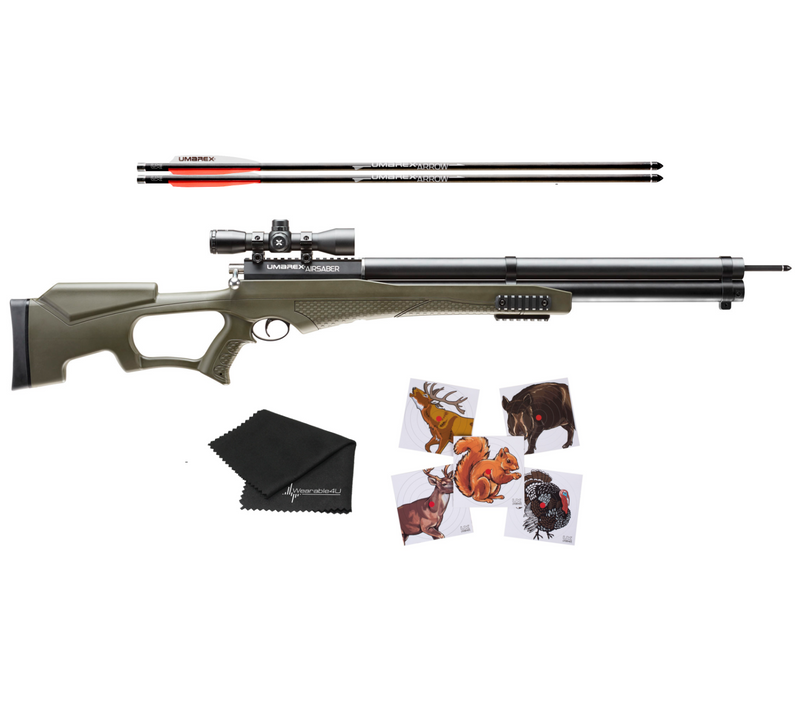 Umarex AirSaber PCP Powered Arrow Gun Air Rifle with 3 Carbon Fiber Arrows, Combo Kit Air Gun - Includes Axeon 4x32 Scope, Wearable4U 100x Paper Targets and Cleaning Cloth or with 6 Extra Carbon Fiber Arrows Bundle (MAY VARY)