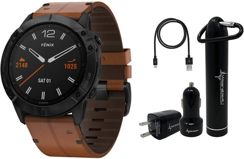 Garmin Fenix 6X Premium Multisport GPS Watches with Routable Maps & Music and Power Pack Bundle (Sapphire, Black DLC with Chestnut Leather Band)