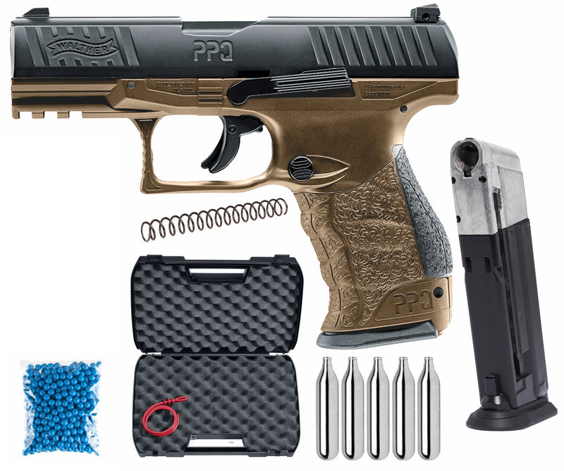 Umarex T4E Walther PPQ M2 (Gen 2) LE .43 Cal Paintball Pistol Black/FDE with Pack of 100 .43 Cal Blue Paintballs and 5x12gr CO2 Tank and Extra Mag Bundle