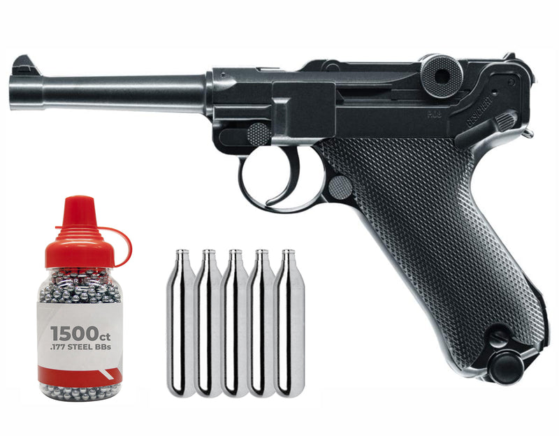 Umarex Legends Luger P.08 .177 Air Pistol with included 5x 12g CO2 Tanks and 1500 Steel BBs Bundle