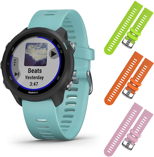 Garmin Forerunner 245 GPS Running Smartwatch with Included Wearable4U 3 Straps Bundle (Aqua Music 010-02120-22, Lime/Orange/Pink)