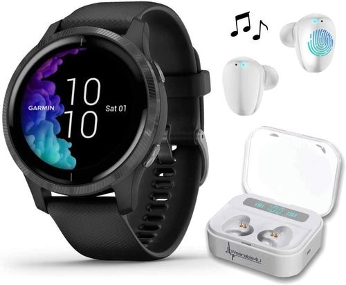Garmin Venu GPS Smartwatch with AMOLED Display and Wearable4U Ultimate White EarBuds with Charging Power Bank Case Bundle (Black/Slate)