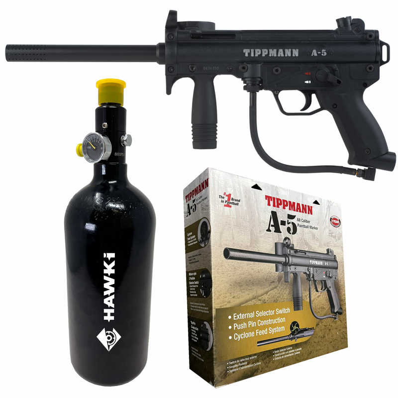 Tippmann A-5 with Response Trigger .68 Caliber Paintball Marker with Hawki 48ci HPA Tank Bundle