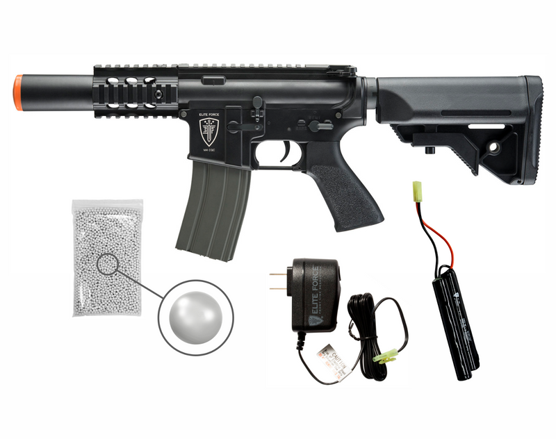 Umarex Elite Force M4 AEG Automatic 6mm Airsoft BB Rifle CQC, Black with 9.6V Battery and Charger, Spare 300ds Mag and Wearable4U Pack of 1000 6mm BBs Bundle