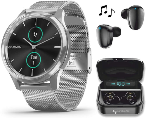 Garmin Vivomove 3 Luxe, Hybrid Smartwatch with Included Wearable4U Ultimate Black Earbuds with Charging PowerBank Case Bundle (Silver/Black, Milanese)