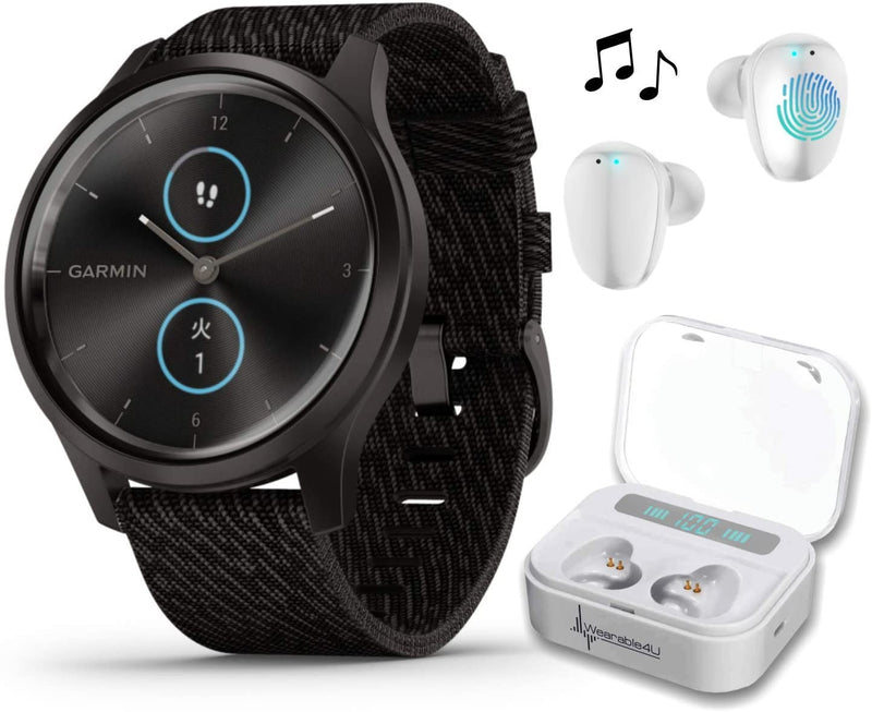 Garmin Vivomove 3 Style, Hybrid Smartwatch with Included Wearable4U Ultimate White Earbuds with Charging PowerBank Case Bundle (Black/Slate, Nylon)