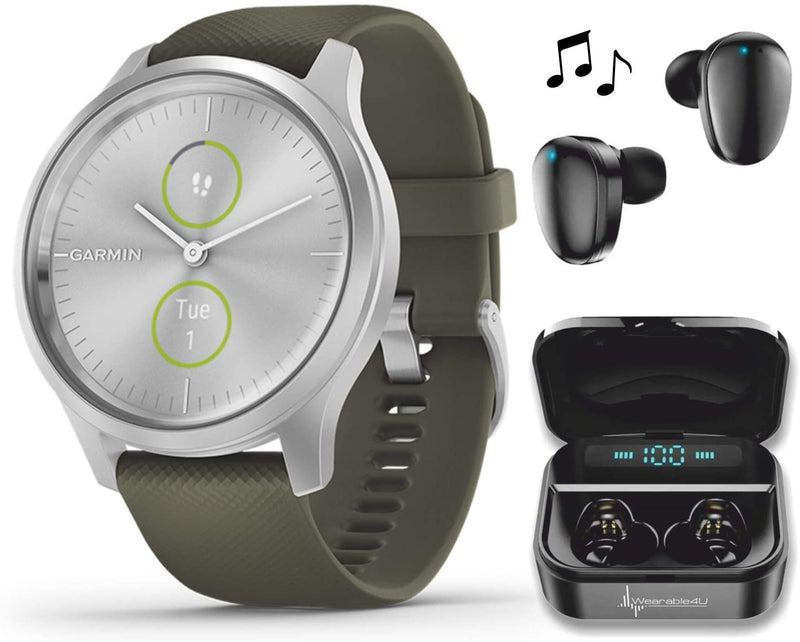 Garmin Vivomove 3 Style, Hybrid Smartwatch with Included Wearable4U Ultimate Black Earbuds with Charging PowerBank Case Bundle (Moss Green/Silver)