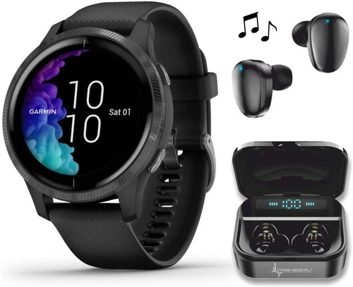 Garmin Venu GPS Smartwatch with AMOLED Display and Wearable4U Ultimate Black EarBuds with Charging Power Bank Case Bundle (Black/Slate)
