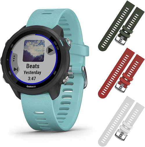 Garmin Forerunner 245 GPS Running Smartwatch with Included Wearable4U 3 Straps Bundle (Aqua Music 010-02120-22, Khaki/Red/White)