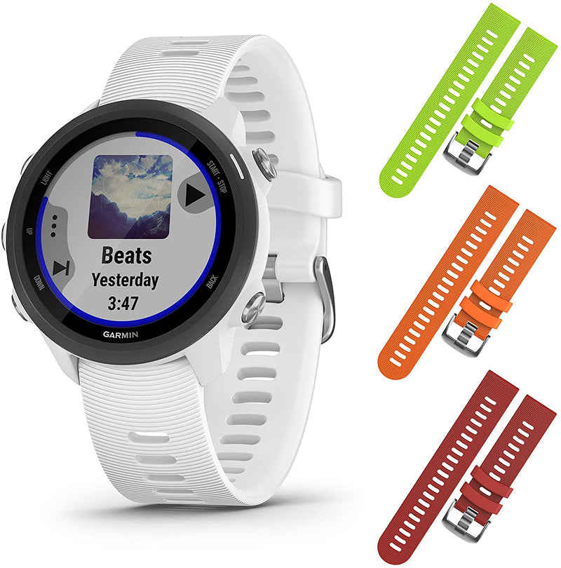 Garmin Forerunner 245 GPS Running Smartwatch with Included Wearable4U 3 Straps Bundle (White Music 010-02120-21, Lime/Orange/Red)