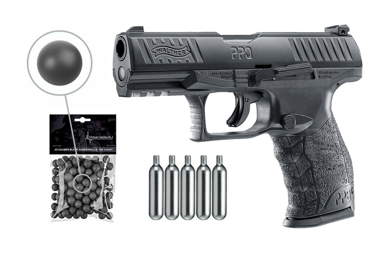 T4E .43cal Walther PPQ M2 (Gen2) Paintball Pistol Black with CO2 and Rubber Balls Bundle