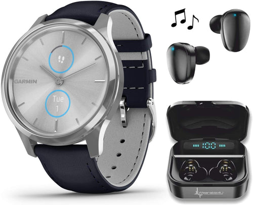 Garmin Vivomove 3 Luxe, Hybrid Smartwatch with Included Wearable4U Ultimate Black Earbuds with Charging PowerBank Case Bundle (Navy/Silver, Leather)