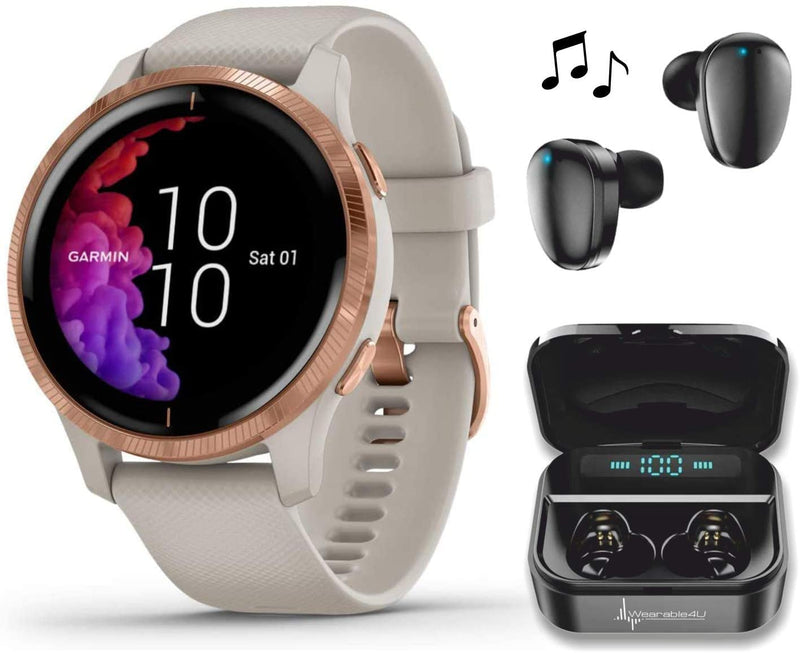Garmin Venu GPS Smartwatch with AMOLED Display and Wearable4U Ultimate Black EarBuds with Charging Power Bank Case Bundle (Light Sand/Rose Gold)