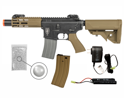 Umarex Elite Force M4 AEG Automatic 6mm BB Airsoft Rifle, CQC with 9.6V Battery and Charger, Spare 300ds Mag and Wearable4U Pack of 1000 6mm BBs Bundle (Black/Tan)