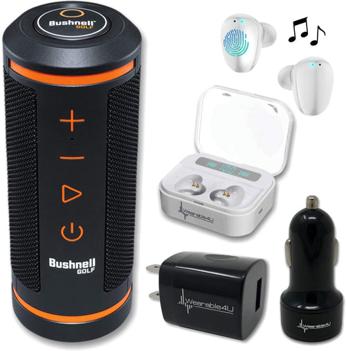 Bushnell Wingman GPS Bluetooth Speaker with Included Wearable4U Ultimate White EarBuds with Power Bank Case and Wall/Car Chargers Bundle