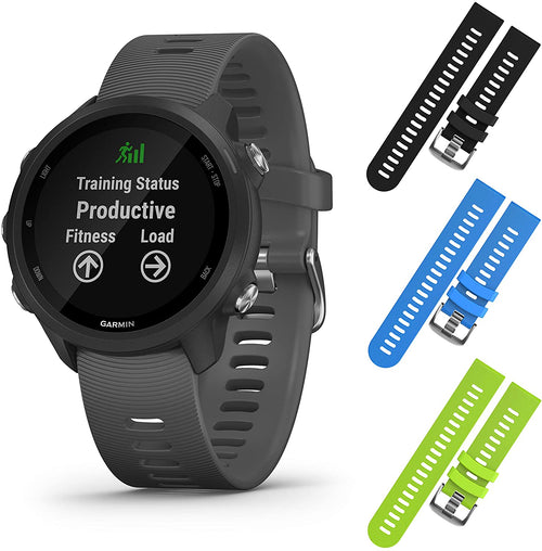 Garmin Forerunner 245 GPS Running Smartwatch with Included Wearable4U 3 Straps Bundle (Slate Grey 010-02120-00, Black/Blue/Lime)