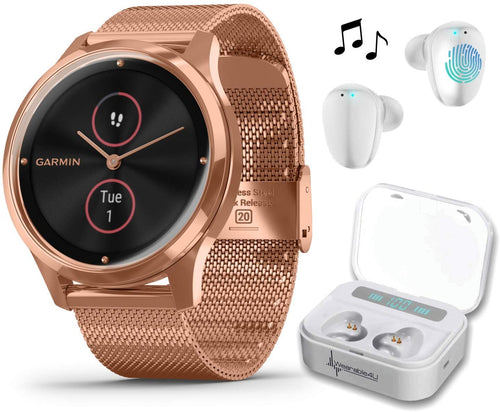 Garmin Vivomove 3 Luxe, Hybrid Smartwatch with White Earbuds Bundle (18K Rose Gold/Black, Milanese)