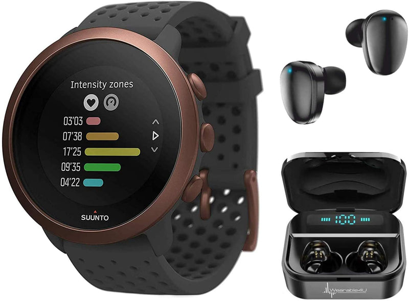 Suunto 3 New Edition Fitness Slate Grey Copper Multisport Watch with Wearable4U Black EarBuds Pro and Power Bank Bundle