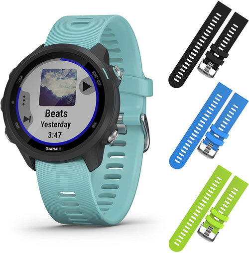 Garmin Forerunner 245 GPS Running Smartwatch with Included Wearable4U 3 Straps Bundle (Aqua Music 010-02120-22, Black/Blue/Lime)