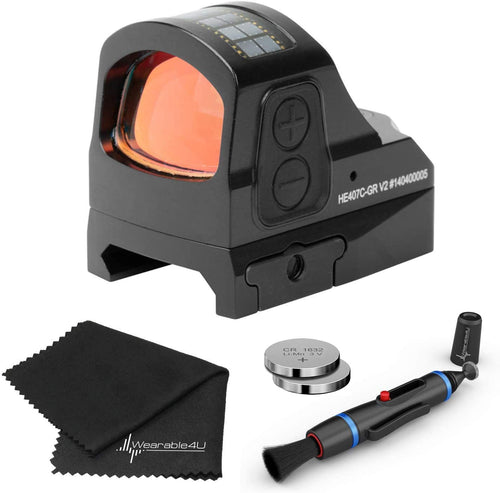 Holosun HE407C-GR-V2 Elite Green Dot Sight with Wearable4U Lens Cleaning Pen, Extra Battery and W4U Lens Cleaning Cloth Bundle