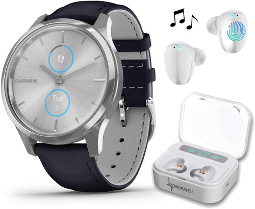 Garmin Vivomove 3 Luxe, Hybrid Smartwatch with Included Wearable4U Ultimate White Earbuds with Charging PowerBank Case Bundle (Navy/Silver, Leather)