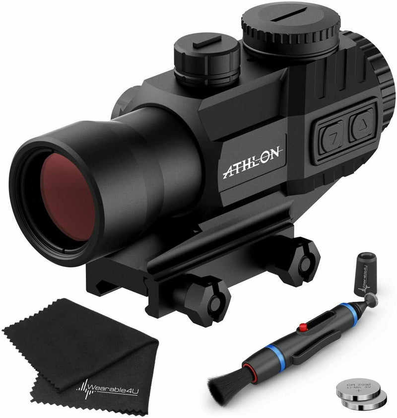 Athlon Optics Midas TSP4 Prism Scope, Capped Turrets, Red/Green Reticle with included Extra Battery CR2032 and Wearable4U Lens Cleaning Pen and Lens Cleaning Cloth Bundle