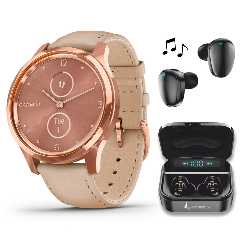Garmin Vivomove 3 Luxe, Hybrid Smartwatch with Black Earbuds Bundle (Rose Gold/Light Sand, Leather)