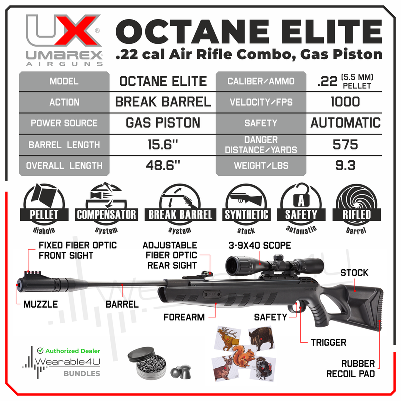Umarex Octane Elite Combo (3-9x40 w/Rings) .22 Cal Gas Piston Break Barrel Air Rifle with 100ct Paper Targets 250 Lead Pellets Bundle