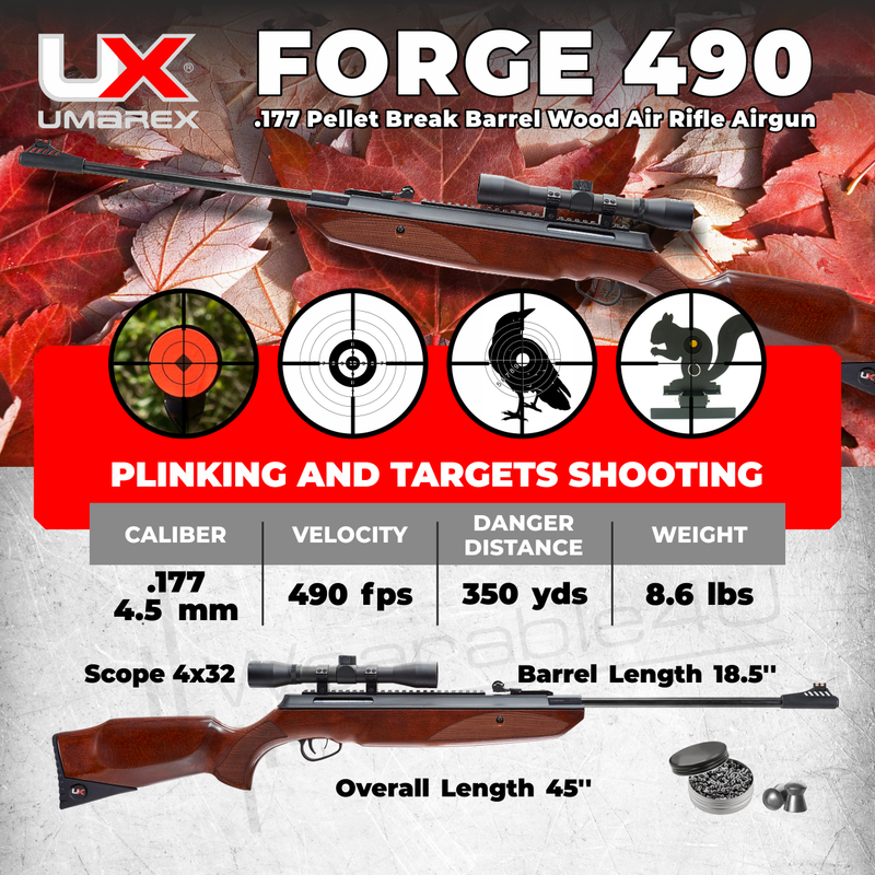 Umarex Forge 490 Break Barrel .177 Caliber Pellet Gun Air Rifle Includes 4x32mm Scope and Rings with Wearable4U 500x Pellets and 100x Paper Targets Bundle