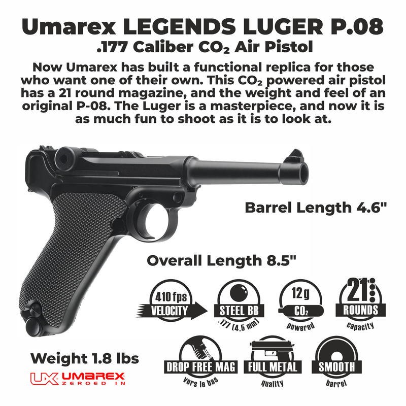Umarex Legends Luger P.08 .177 Air Pistol with included 5x 12g CO2 Tanks and 1500 Steel BBs Bundle