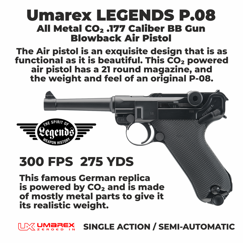 Umarex Legends P.08 All Metal CO2 .177 Caliber BB Gun Blowback Air Pistol (2251803)