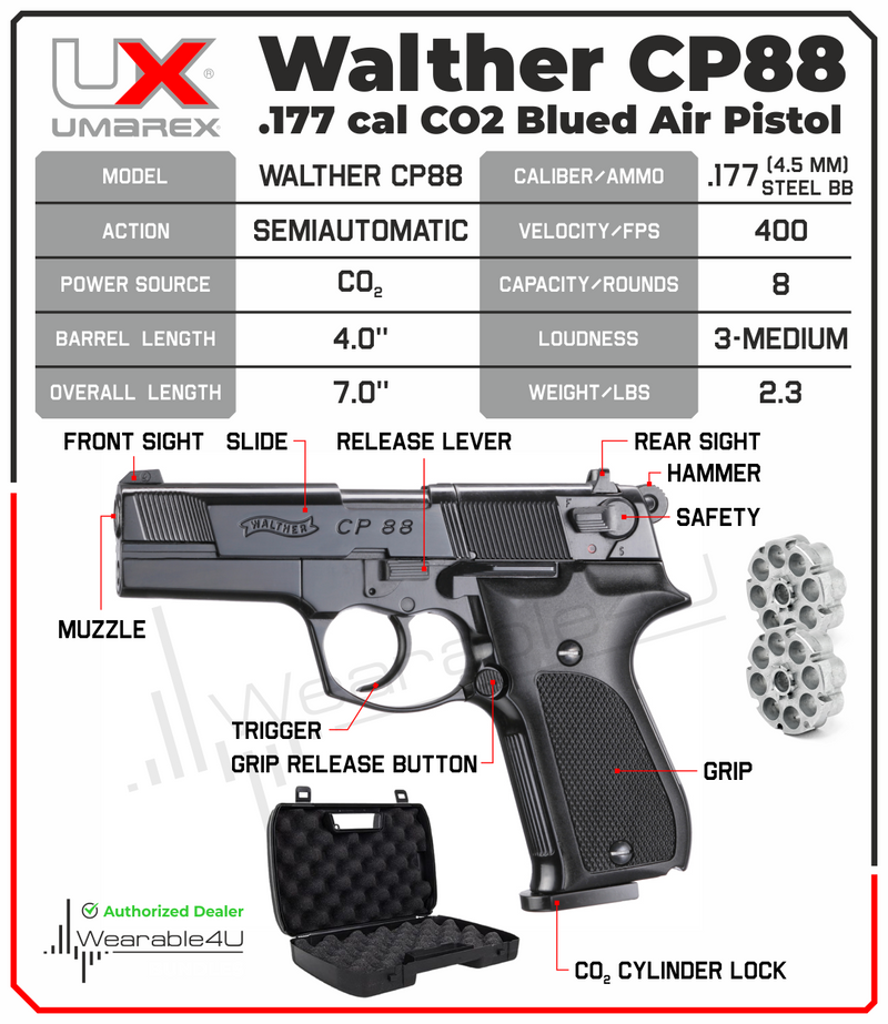 Walther CP88, Blued, 4 inch barrel CO2 .177 cal Pellet Air Pistol with Wearable4U Bundle