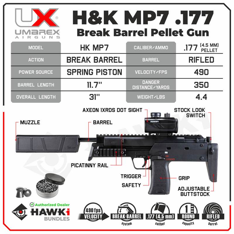 Umarex MP7 .177 Cal Break Barrel Pellet Air Pistol (2252312) with Pack of .177 cal Pellets Bundle