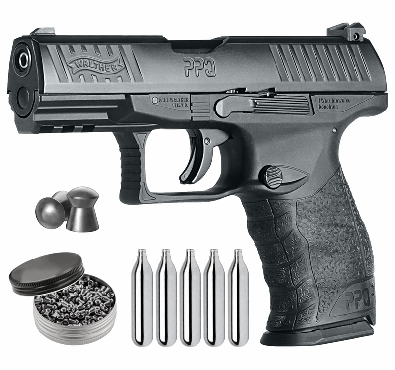 Umarex Walther PPQ M2 .177 Cal CO2 Powered Semi-Auto Pellet Blowback Air Pistol with 5x12g CO2 and Pack of 500 Pellets Bundle